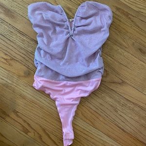 Pink Metallic Ruched Bodysuit